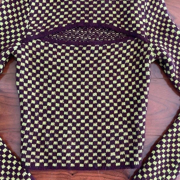 Zara Maroon and Yellow Checkered Pattern Knit Crewneck Cutout Cropped Sweater - Picture 5 of 8